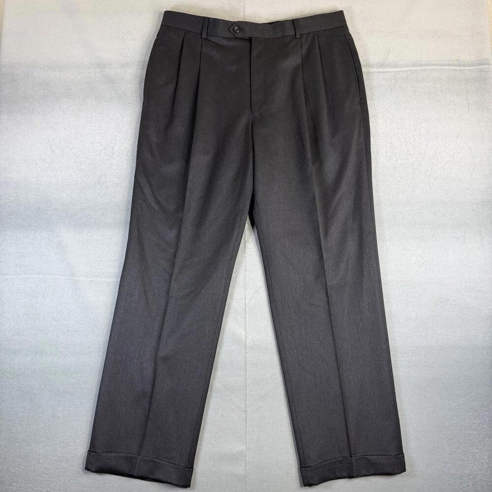 Jos A Bank Dress Pants Mens 36R Gray Pleated 100% Wool Cuffed Classic Straight